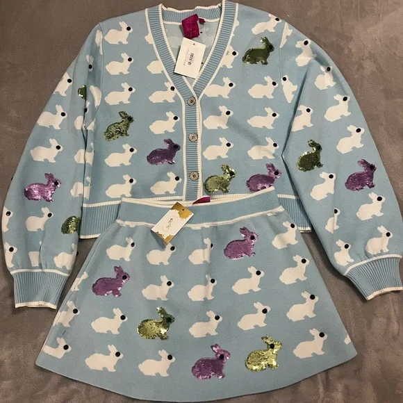 QUEEN OF SPARKLES Blue Sweater skirt Set with Sequin Bunnies - Picture 1 of 1